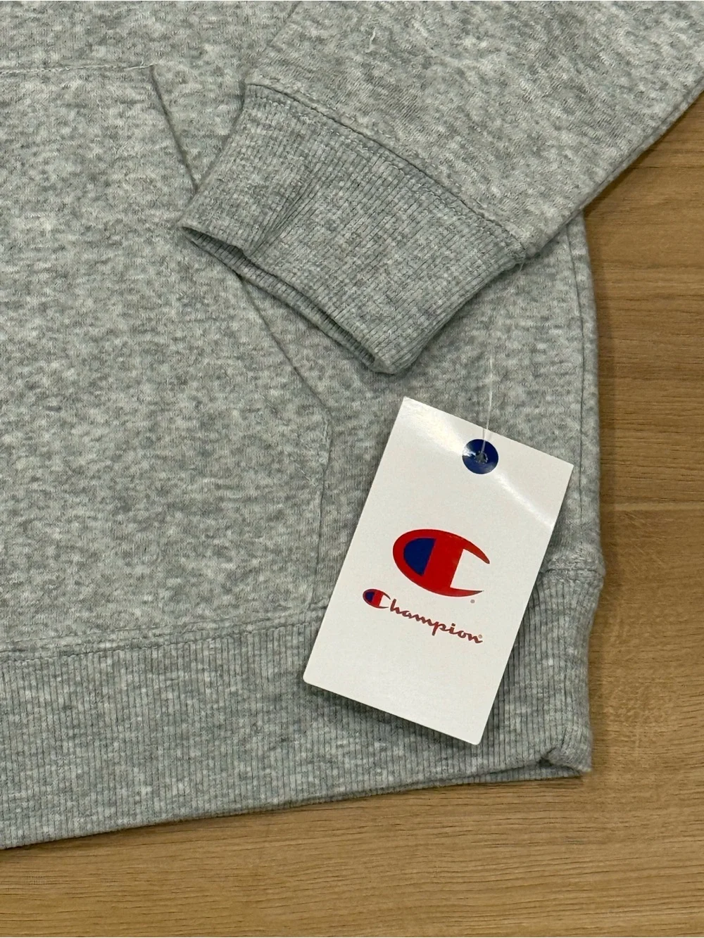 Champion Heather Gray Kids Hoodie with Navy Logo and Red '19 Patch
